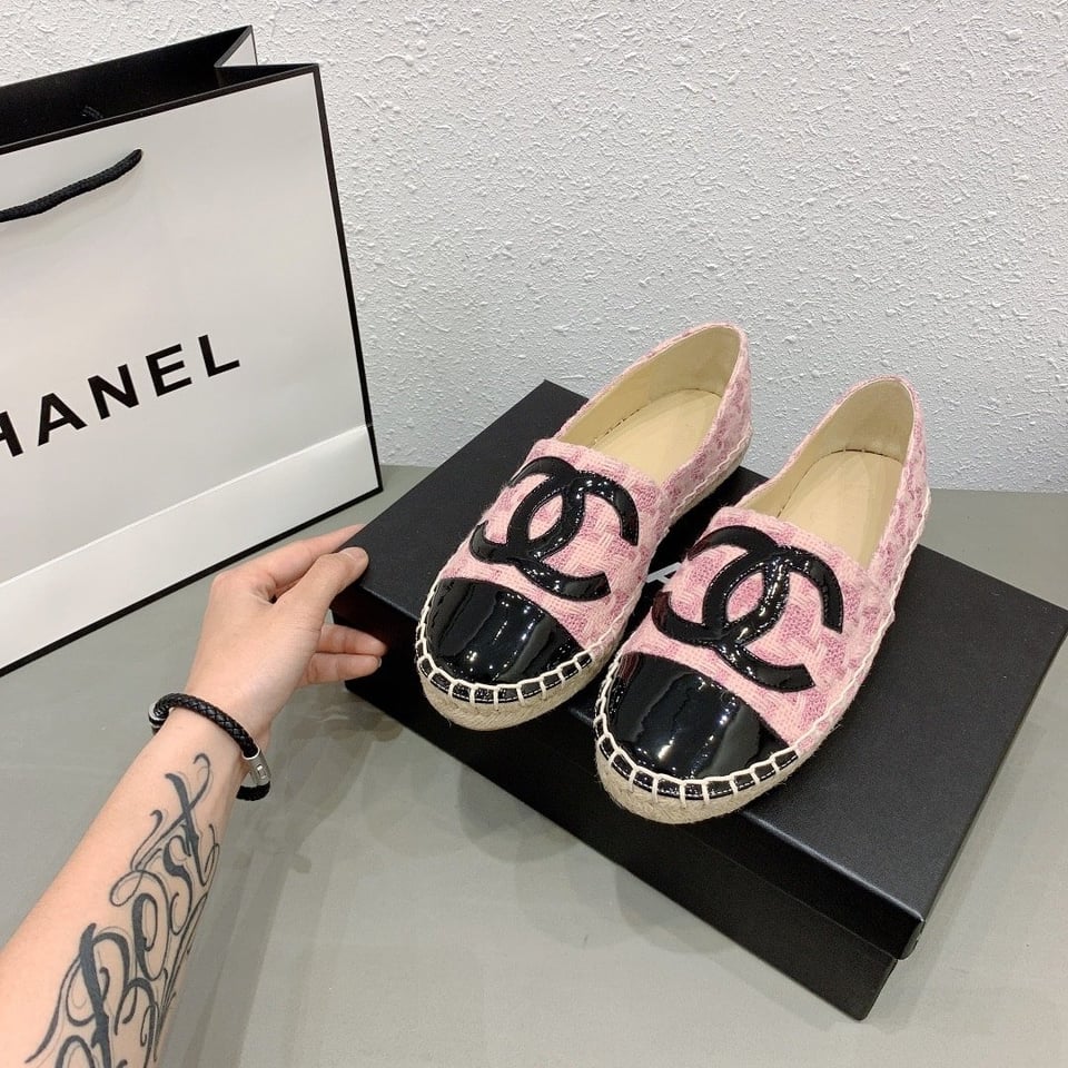 Chanel Tweed Patent Cc Espadrilles Slip On Pink Black view 8