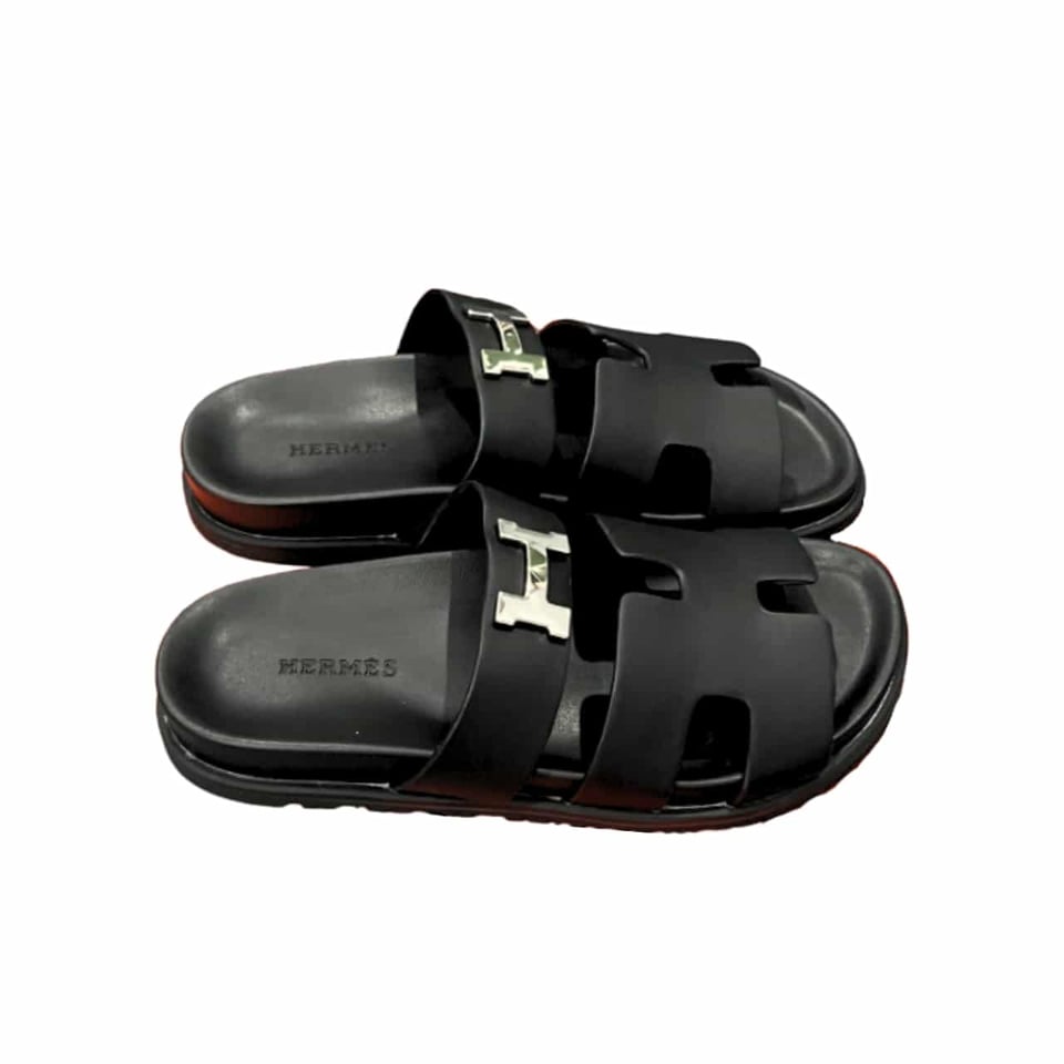 Hermes Chypre Sandal H Logo Silver Hardware Black
