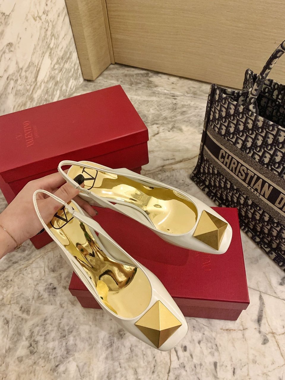 Valentino One Stud Patent-Leather Slingback Pump White view 5