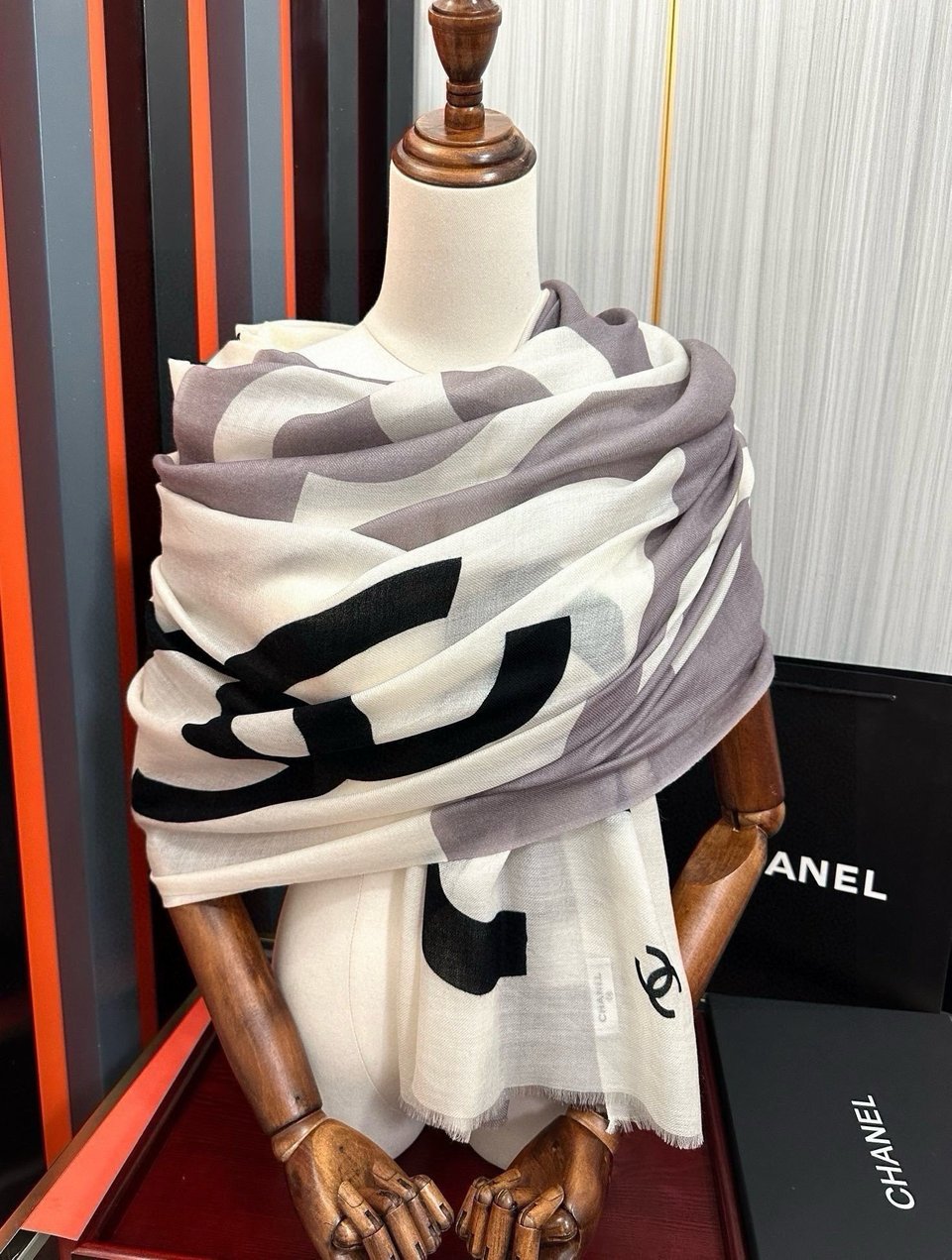 Chanel Silk Shawl CC Logo Colorblock Grey – White For Women 200cm view 7