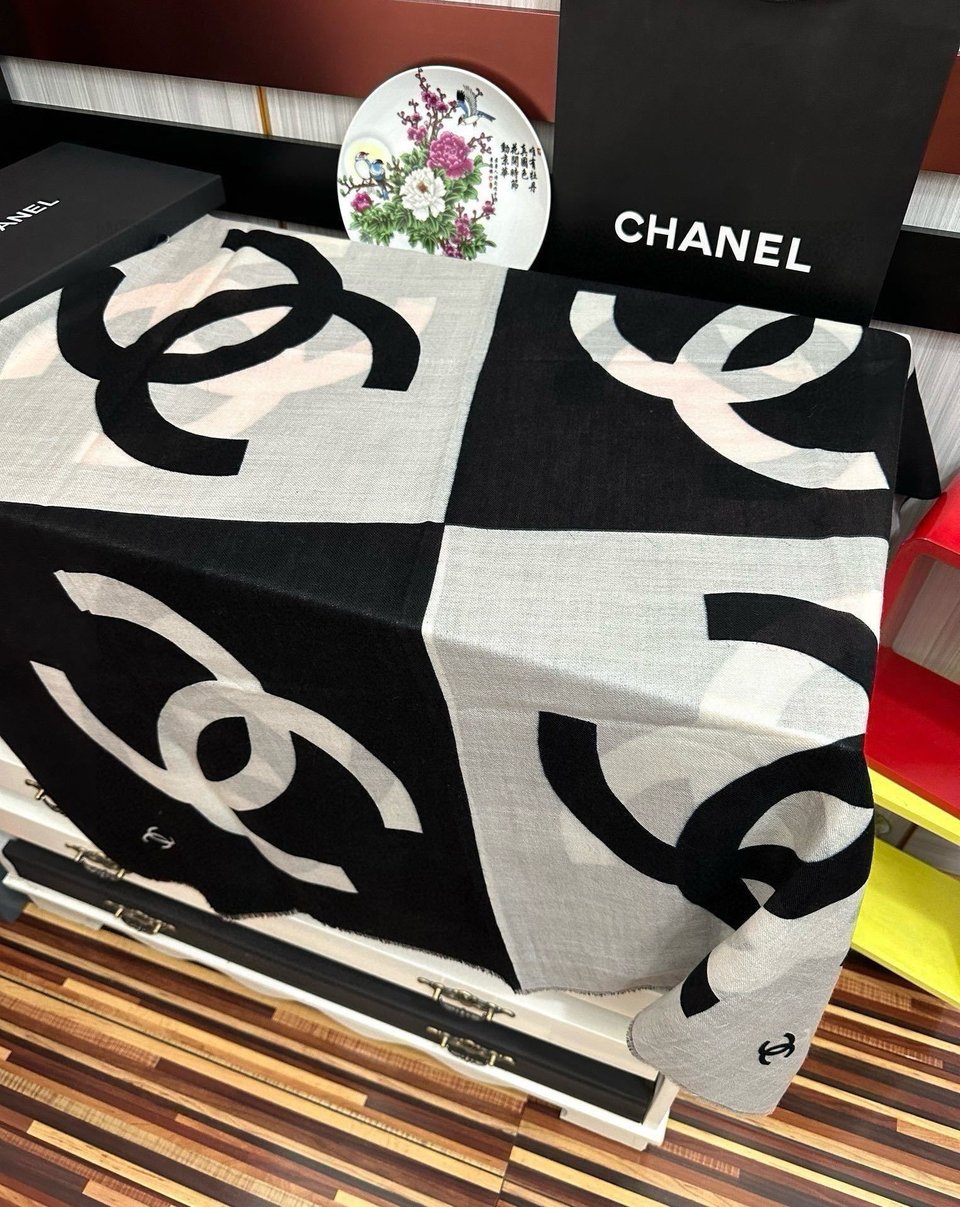 Chanel Silk Shawl CC Logo Colorblock Black – White For Women 200cm view 4