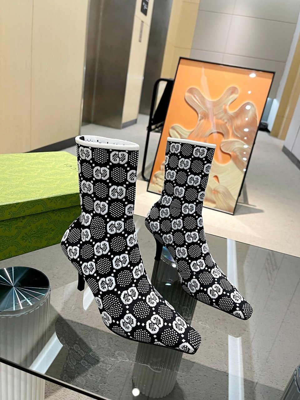 Gucci Gg 75Mm Knit Ankle Boots Black White Fabric 718378 Faaqp 1008 view 4