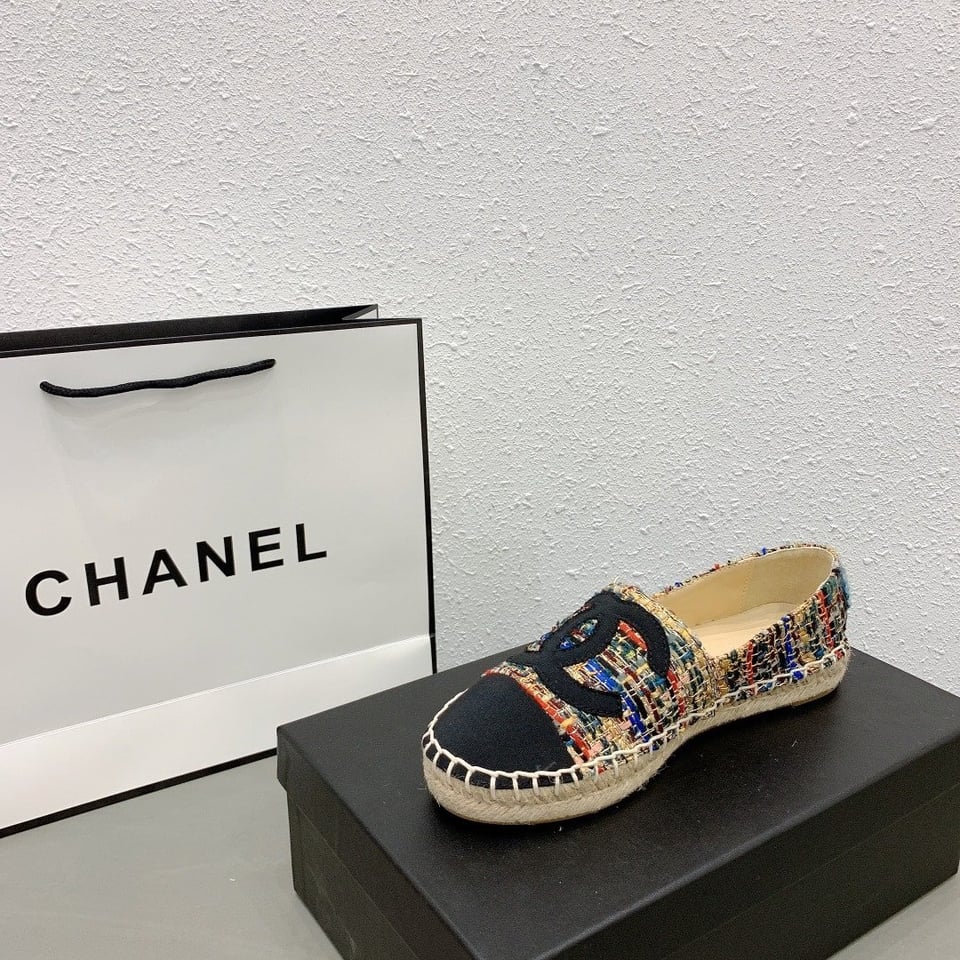 Chanel Tweed Grosgrain Cc Espadrilles Slip On Multicolor Black view 11