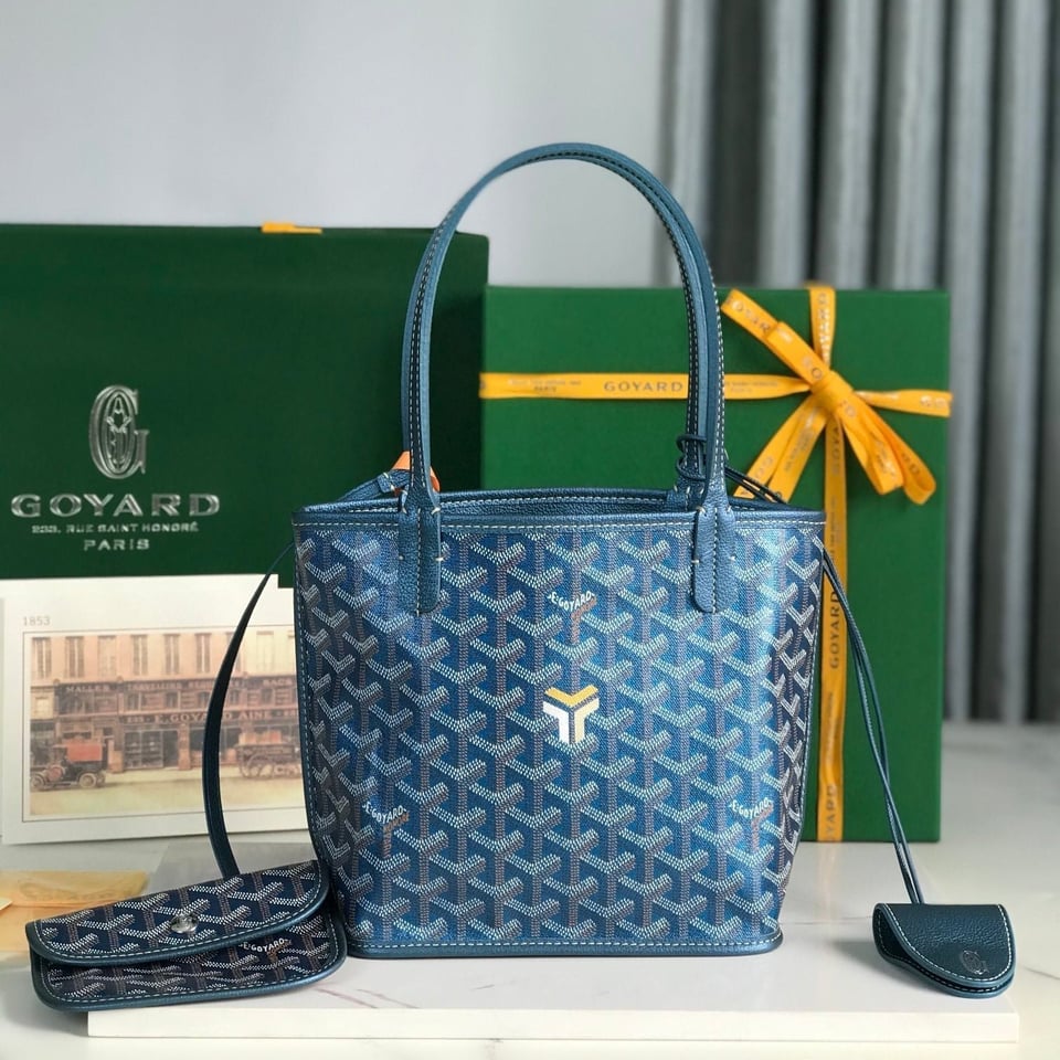 Goyard Anjou Mini Bag 20Cm Deep Blue Canvas Chevroches Calfskin view 2