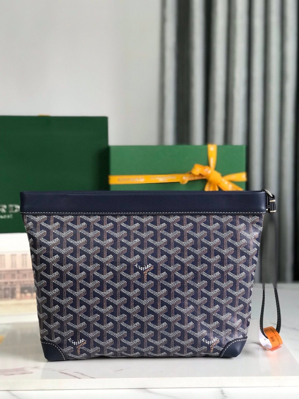 Goyard Conti Pouch 24 Cm Navy Blue Lambskin And Goyardine Canvas view 4