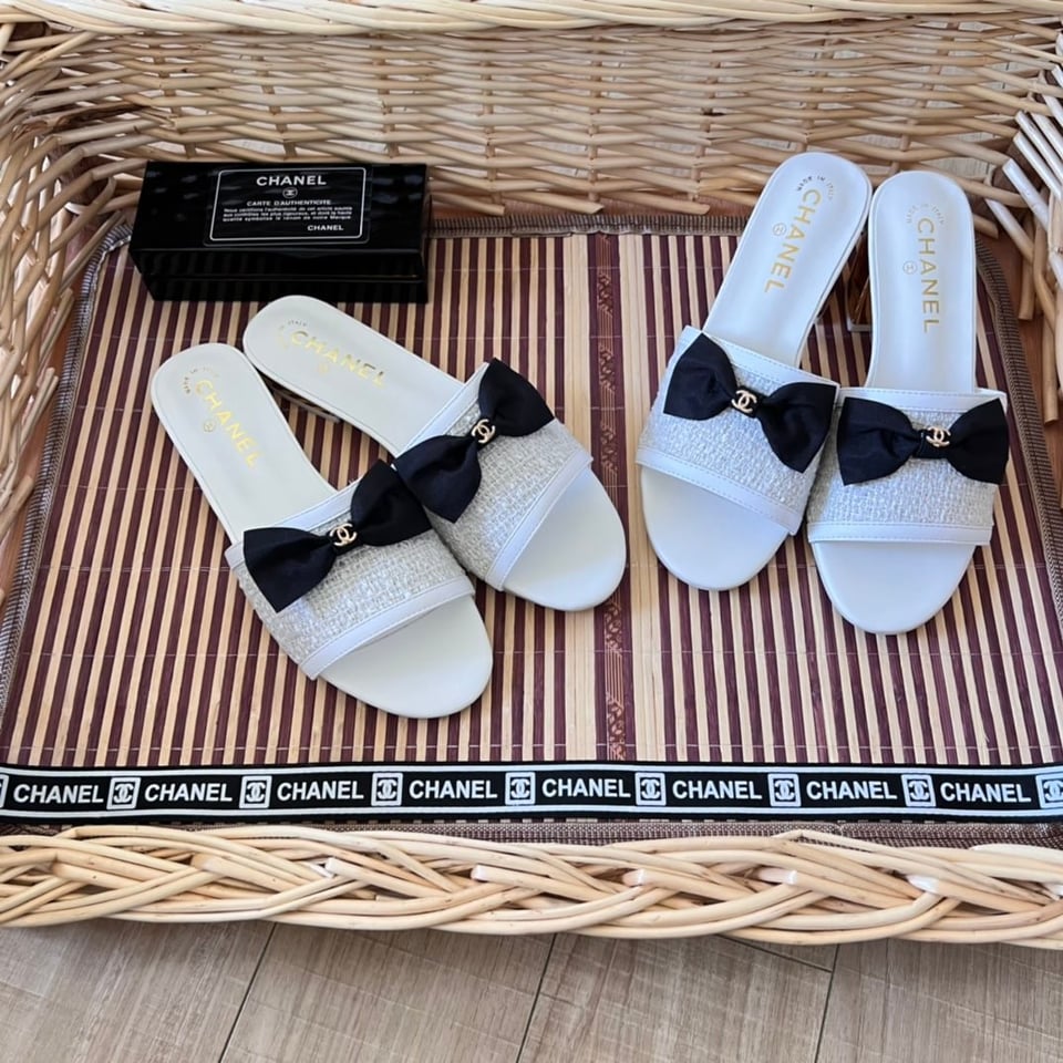 Chanel Grosgrain Ribbon Bow Flat Sandal Tweed White view 10