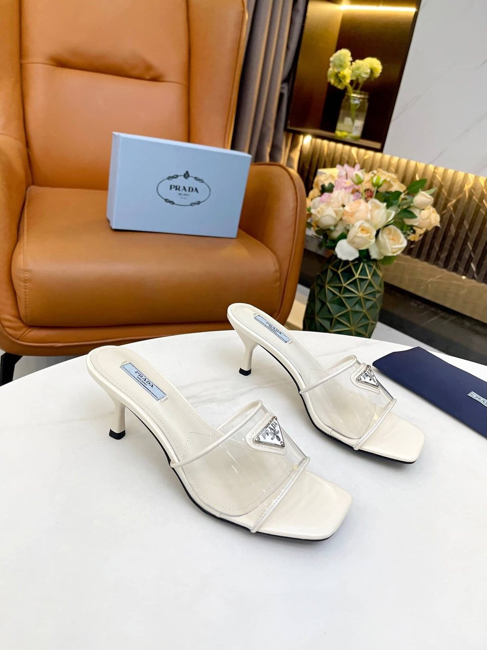 Prada Plexiglas And Patent Leather Sandals Cream view 7