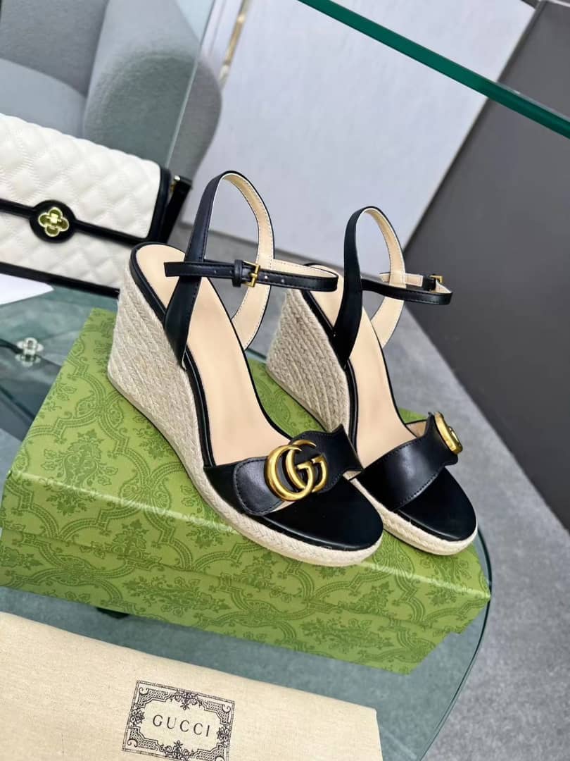 Gucci Leather Wedge Espadrille Sandals Black 8Cm view 4