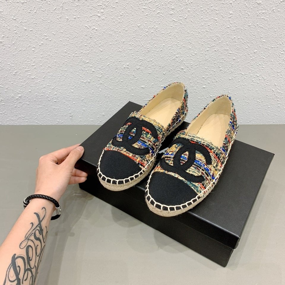 Chanel Tweed Grosgrain Cc Espadrilles Slip On Multicolor Black view 7