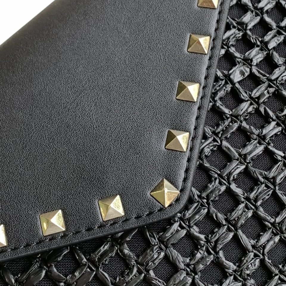 Valentino Garavani Rockstud Raffia Clutch Bag In Black 28Cm view 8