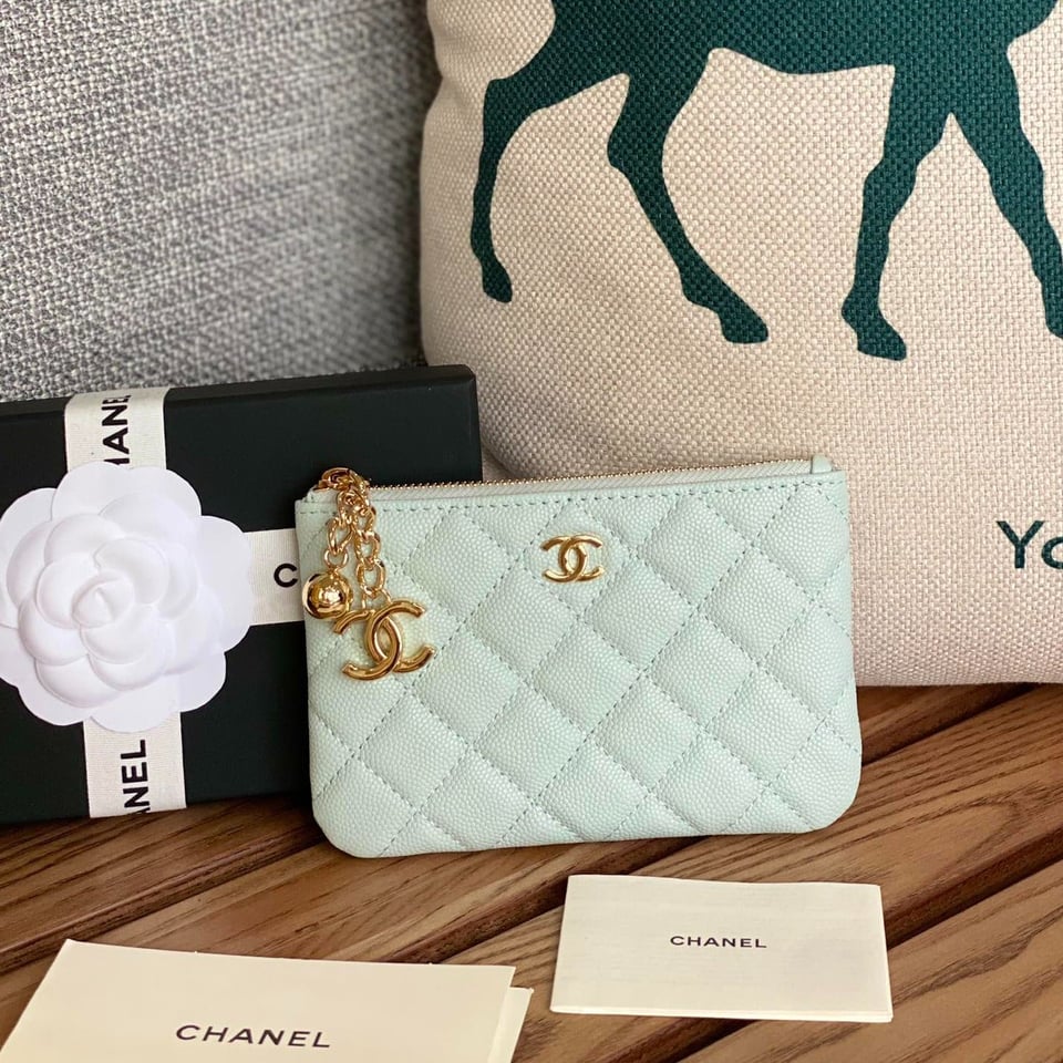 Chanel Zipped Wallet 14Cm Light Cloud Blue Caviar Gold Hardware