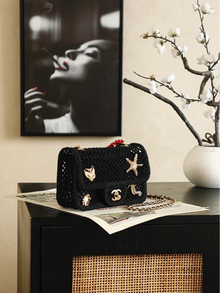 Chanel Small Flap Bag Mesh, Charms &amp; Gold-Tone Metal 21cm/8.3in Black AS6156 view 8