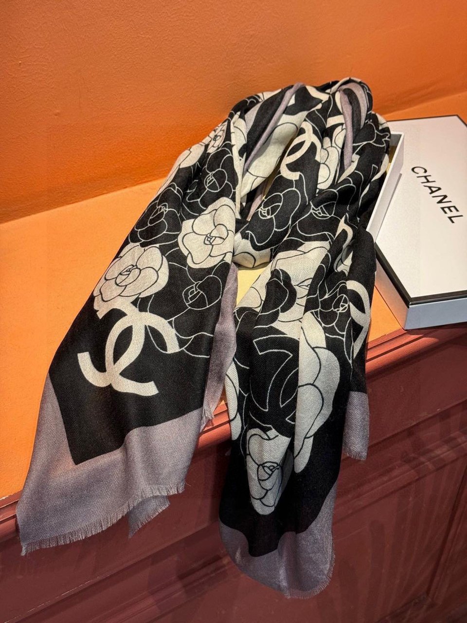 Chanel Silk Shawl Camellia Motif Black-Grey For Women 200cm view 4