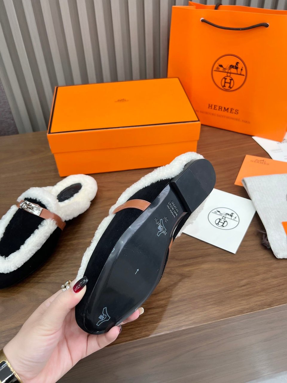Hermes Oz Mule Shearling Black White view 8