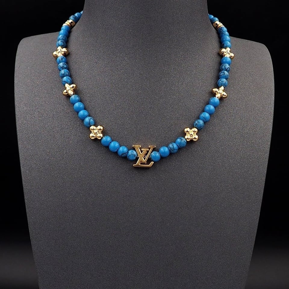 Louis Vuitton Turquoise Pearl Necklace Blue view 2