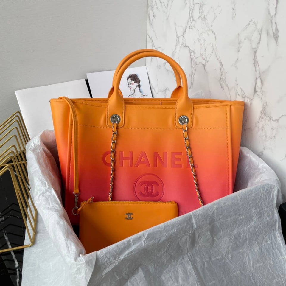 Chanel Shopping Bag 34Cm Orange Purple Calfskin Gold Hardware view 9