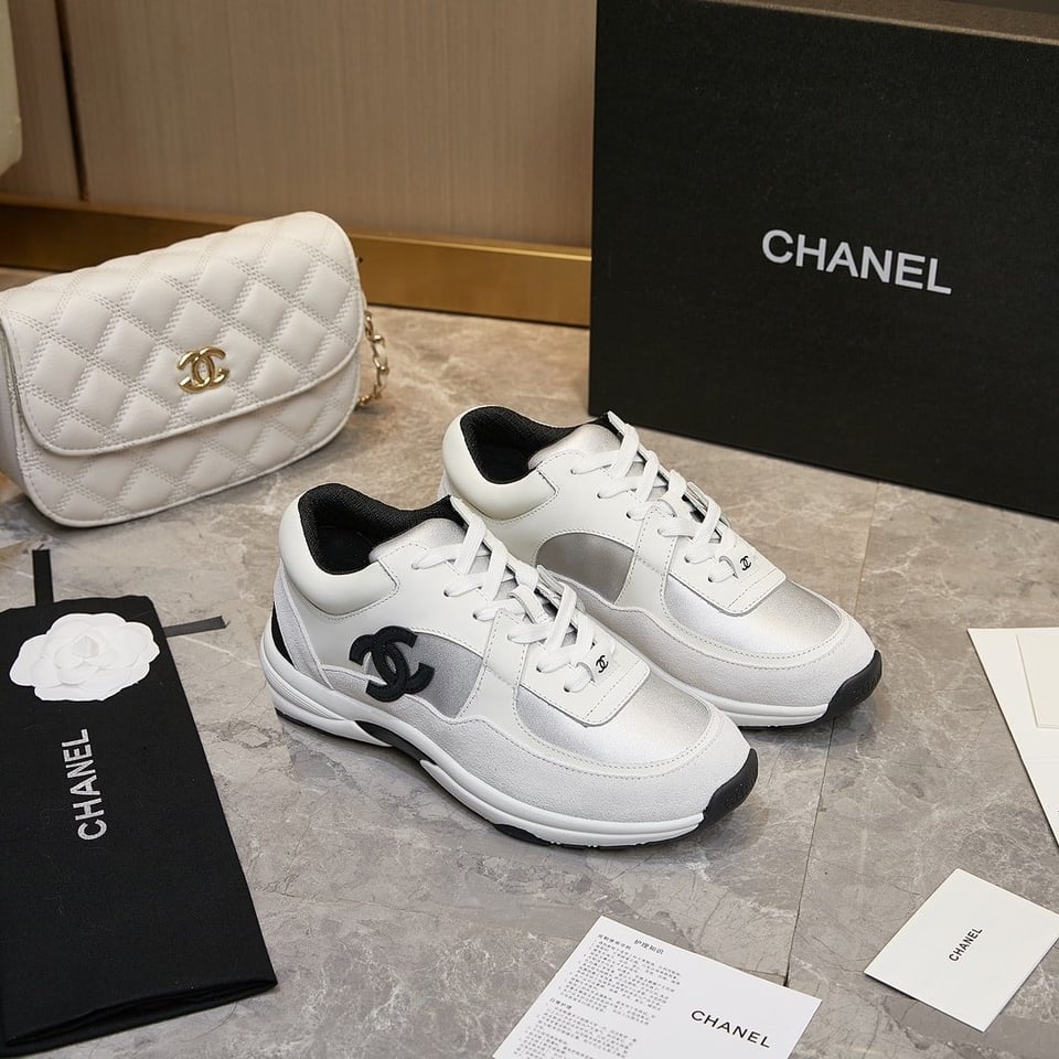 Chanel Suede And Leather Cc Low Top Sneakers White Black view 10
