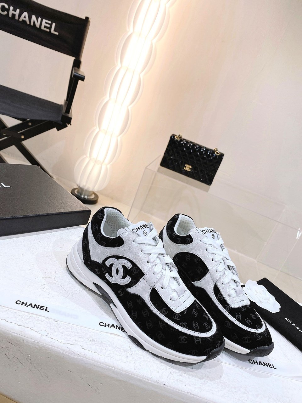 Chanel Printed Suede Calfskin Sneakers White And Black G39230 X56653 94305 view 9