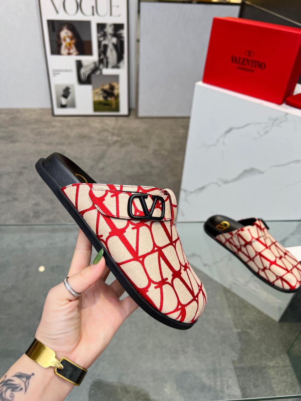 Valentino Garavani Toile Iconographe Vlogo Clog Red view 4