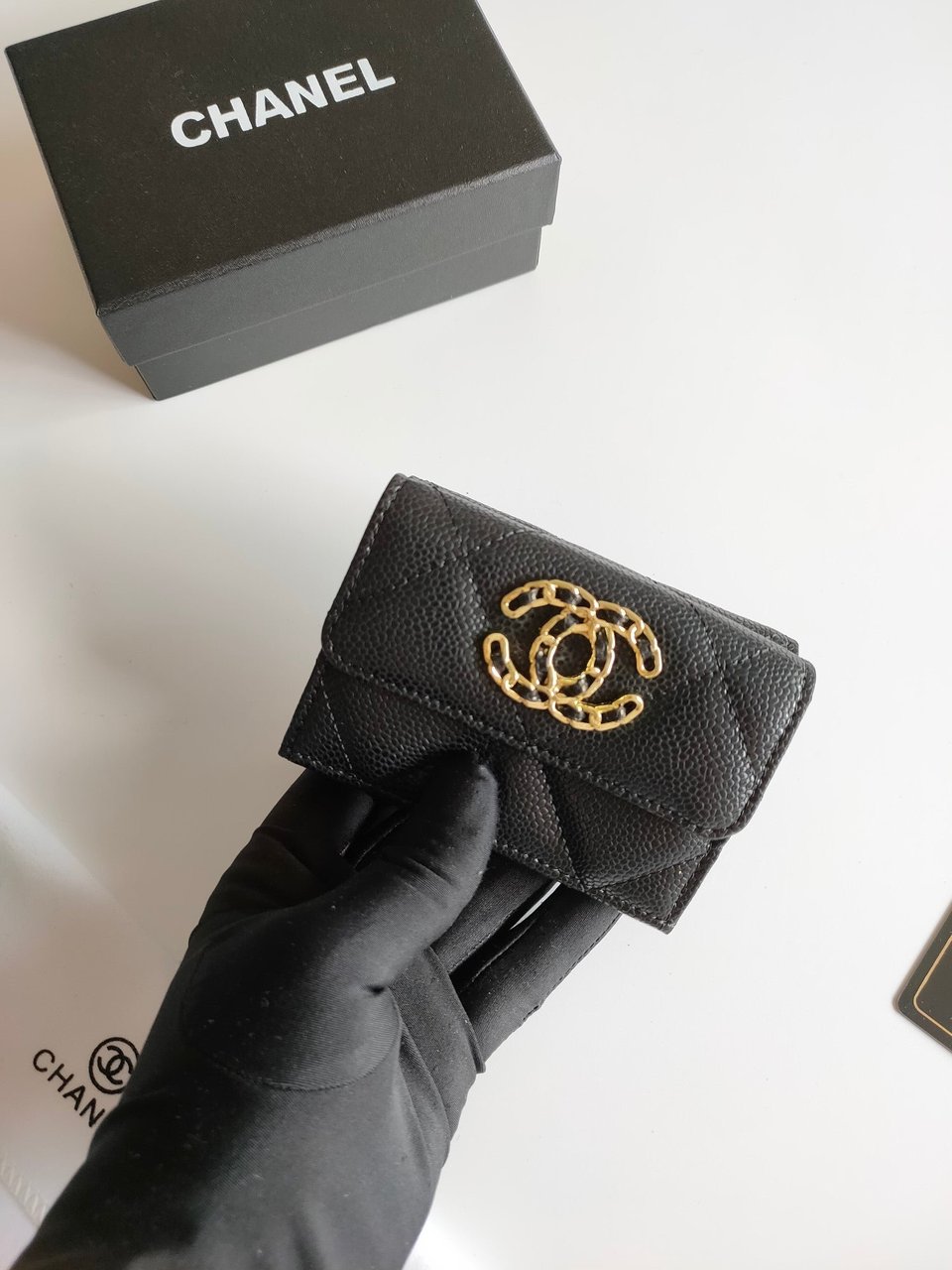 Chanel Trifold Purse 12 Black Grained Calfskin Gold Icon view 3