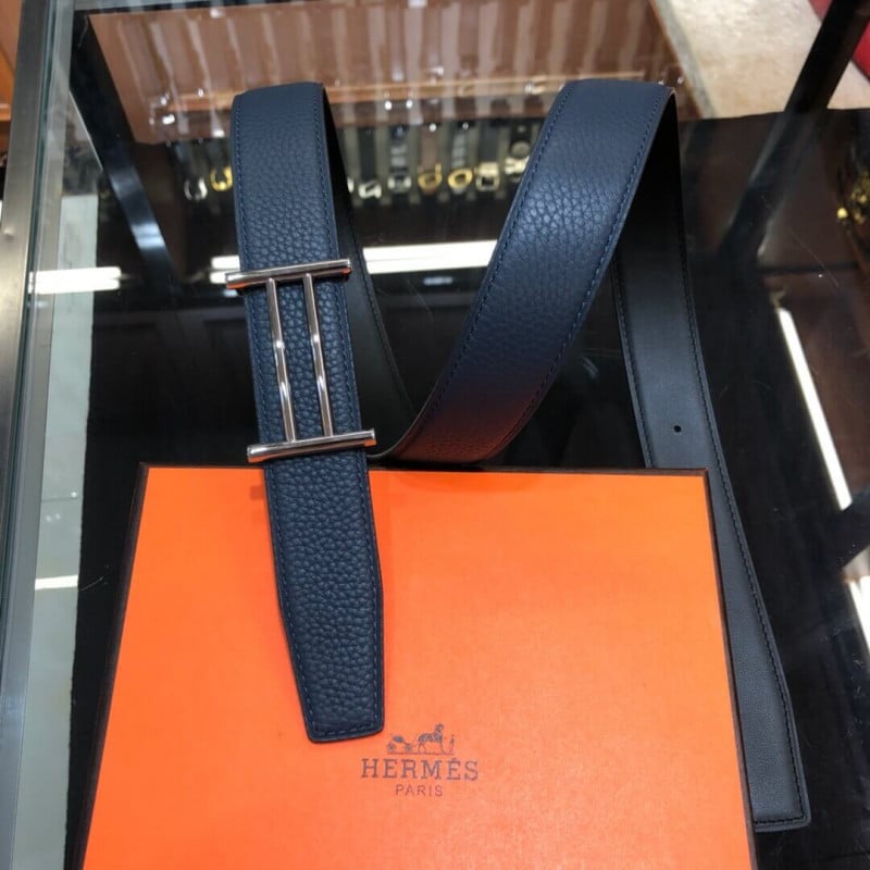 Hermes Rider Belt Buckle &amp; Reversible Leather Strap 32mm H075372 Navy Blue/Black view 3