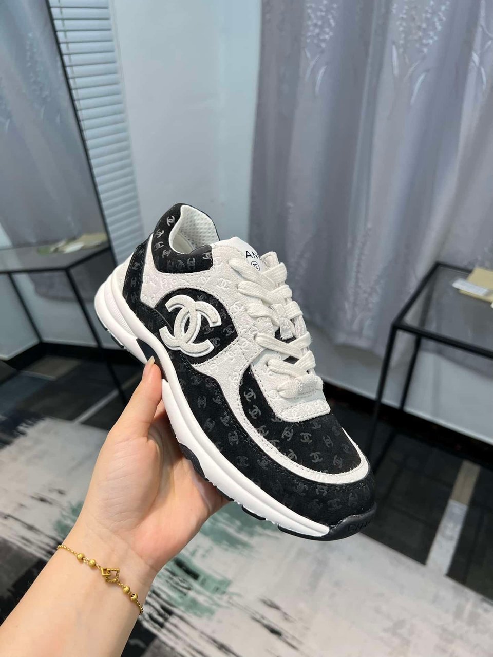 Chanel Cc Embossed Logo Suede Black White view 6
