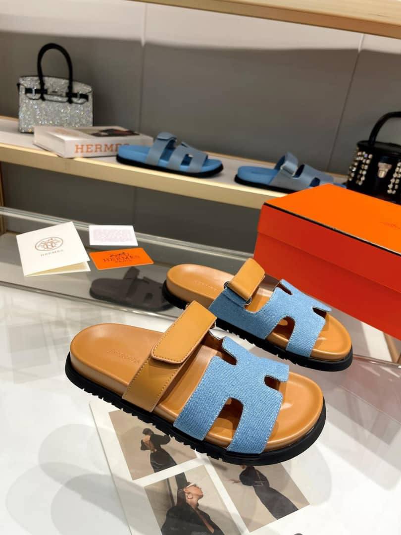 Hermes Chypre Flat Sandals Denim Brown view 3