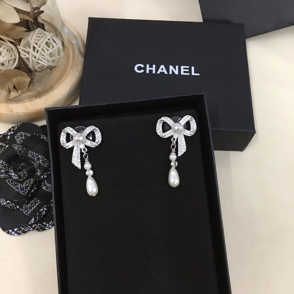 Chanel Bow Silver Pearl Earrings view 6