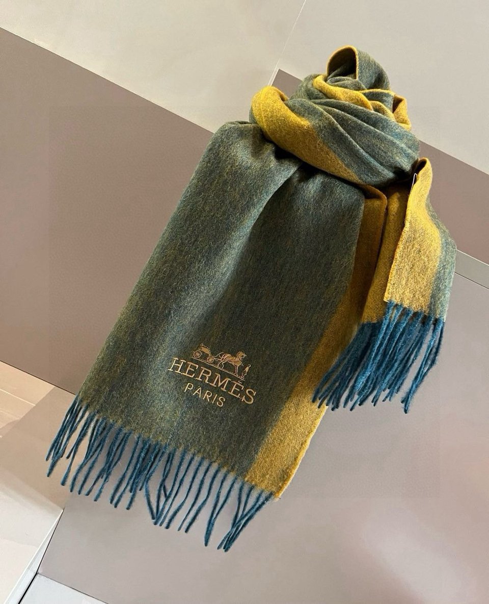 Hermes Cashmere Scarf Colorblock Yellow Green For Women 180cm view 4
