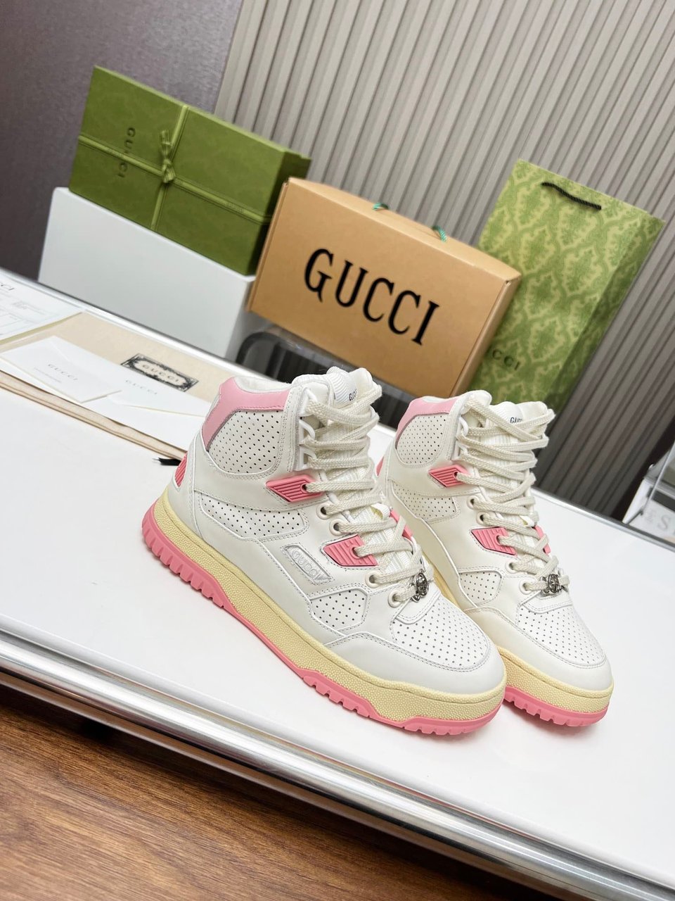 Gucci Women’S High Top Distressed Effect Sneaker Pink view 3