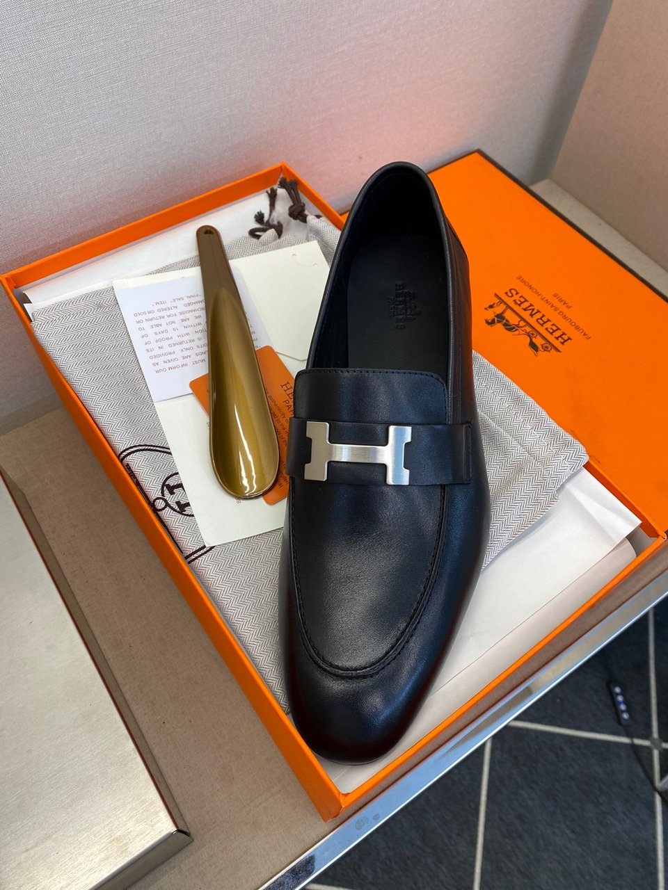 Hermes H-Buckle Black Smooth Leather Loafers- Shoes for Men view 9