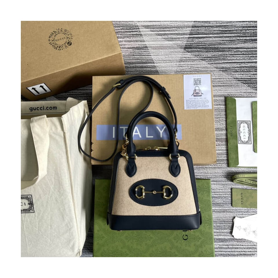 Gucci Horsebit 1955 Mini Top Handle Bag in Beige Canvas view 4