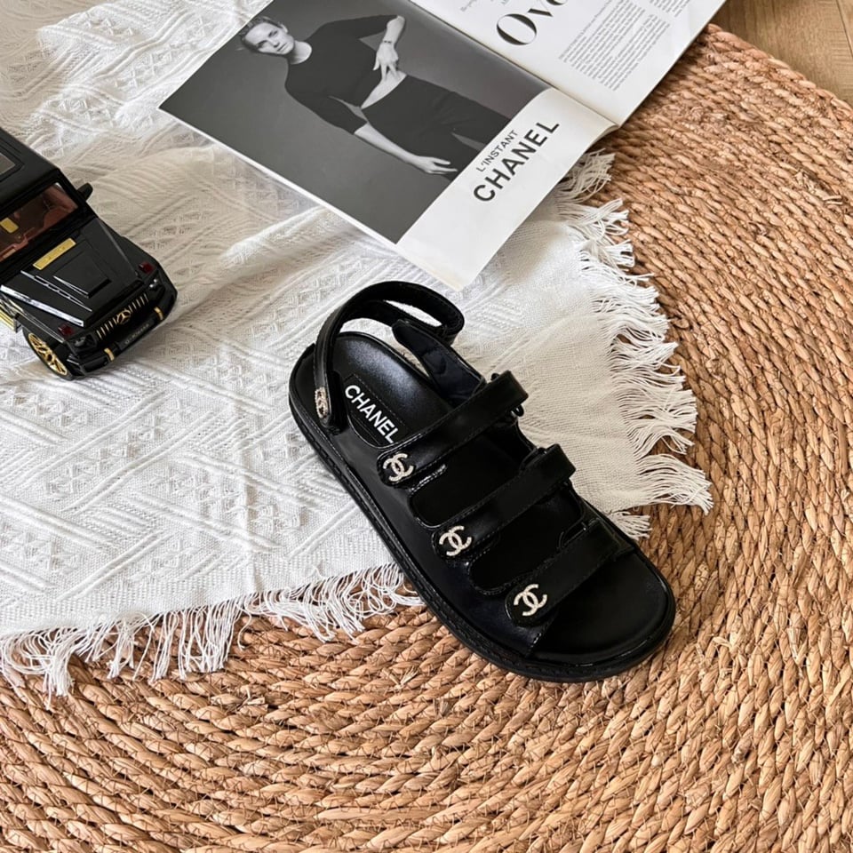 Chanel Triple Velcro Strap Sandals Black G45628 B16403 94305 view 8