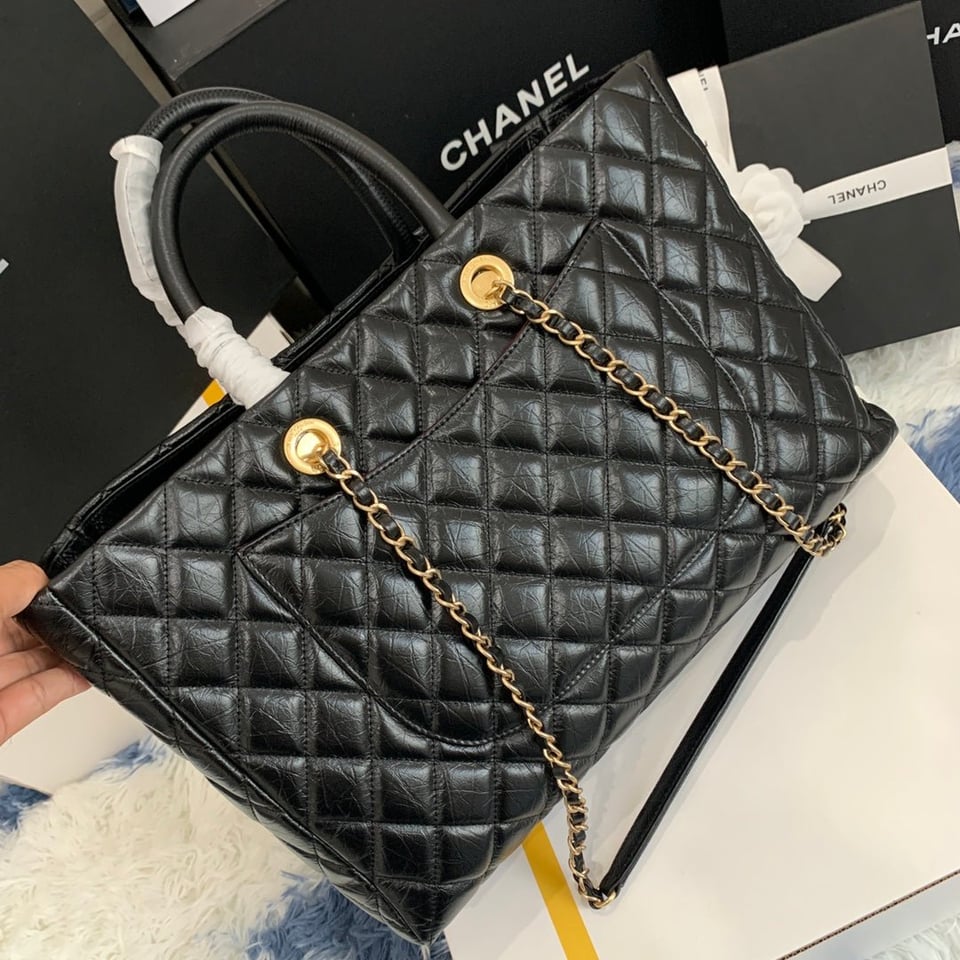 Chanel Shopping Bag 38Cm Black Quilted Aged Calfskin Ghw view 8