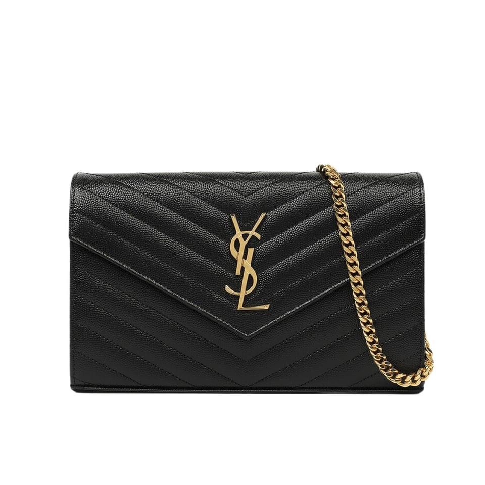 Saint Laurent Cassandre Matelasse Chain Wallet In Grain De Poudre Embossed Black Gold 22Cm 377828 Bow01 1000 view 2