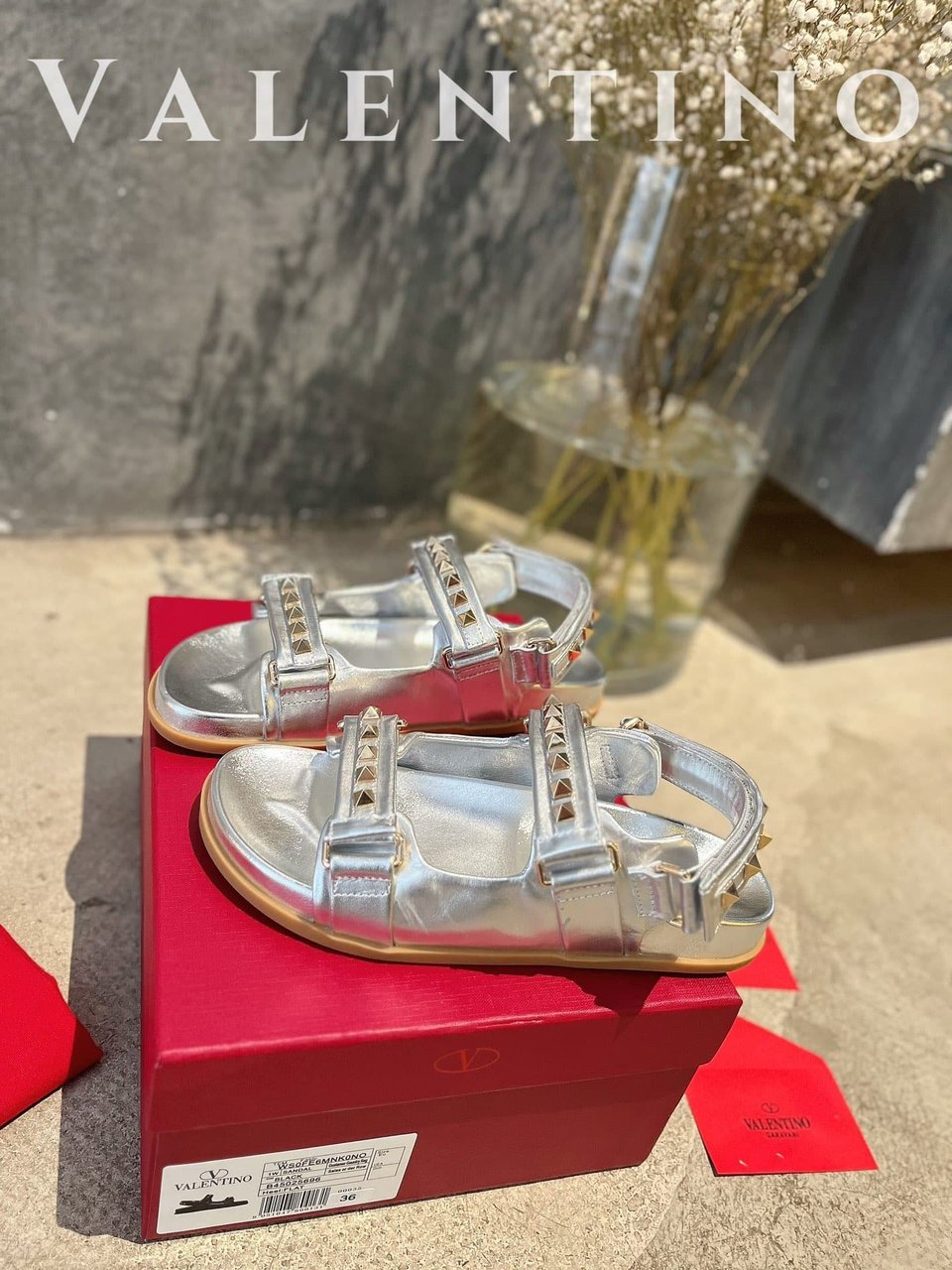 Valentino Garavani Rockstud Flat Sandal In Nappa Leather For Woman In Silver view 6