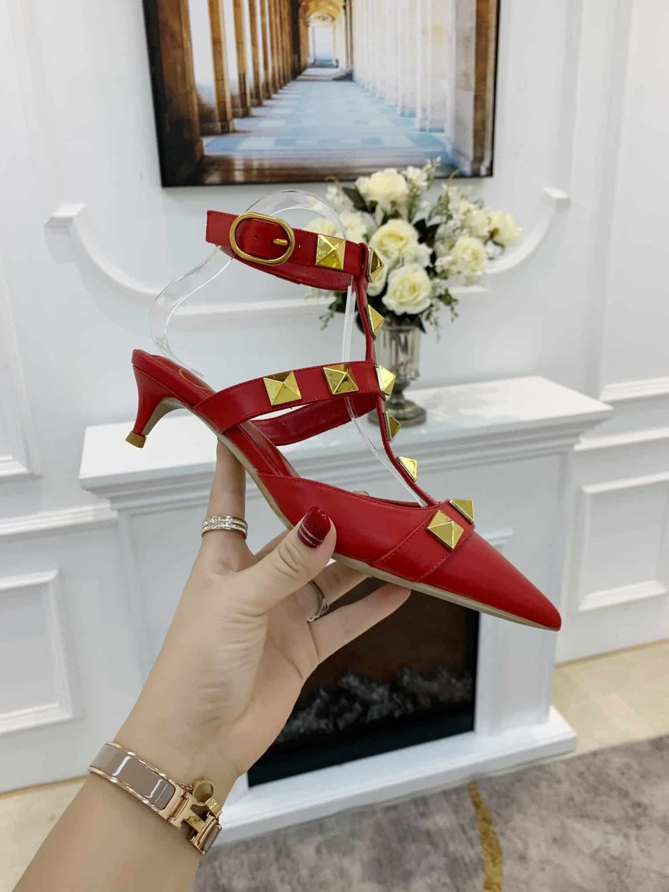 Valentino Garavani Roman Stud Kitten Heel Pumps Red view 5