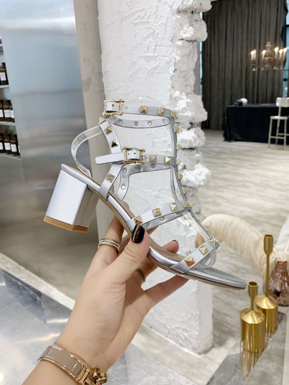 Valentino Garavani Rockstud Leather Sandals Silver view 9