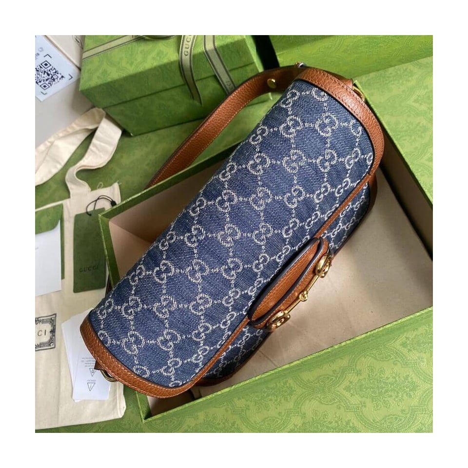 Gucci Horsebit 1955 Small Bag in Blue Denim view 7