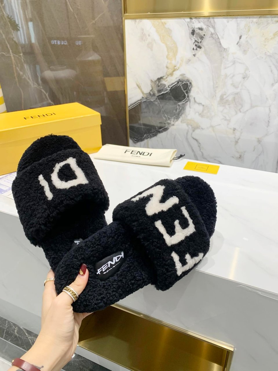 Fendi Shearling Slides Black view 3