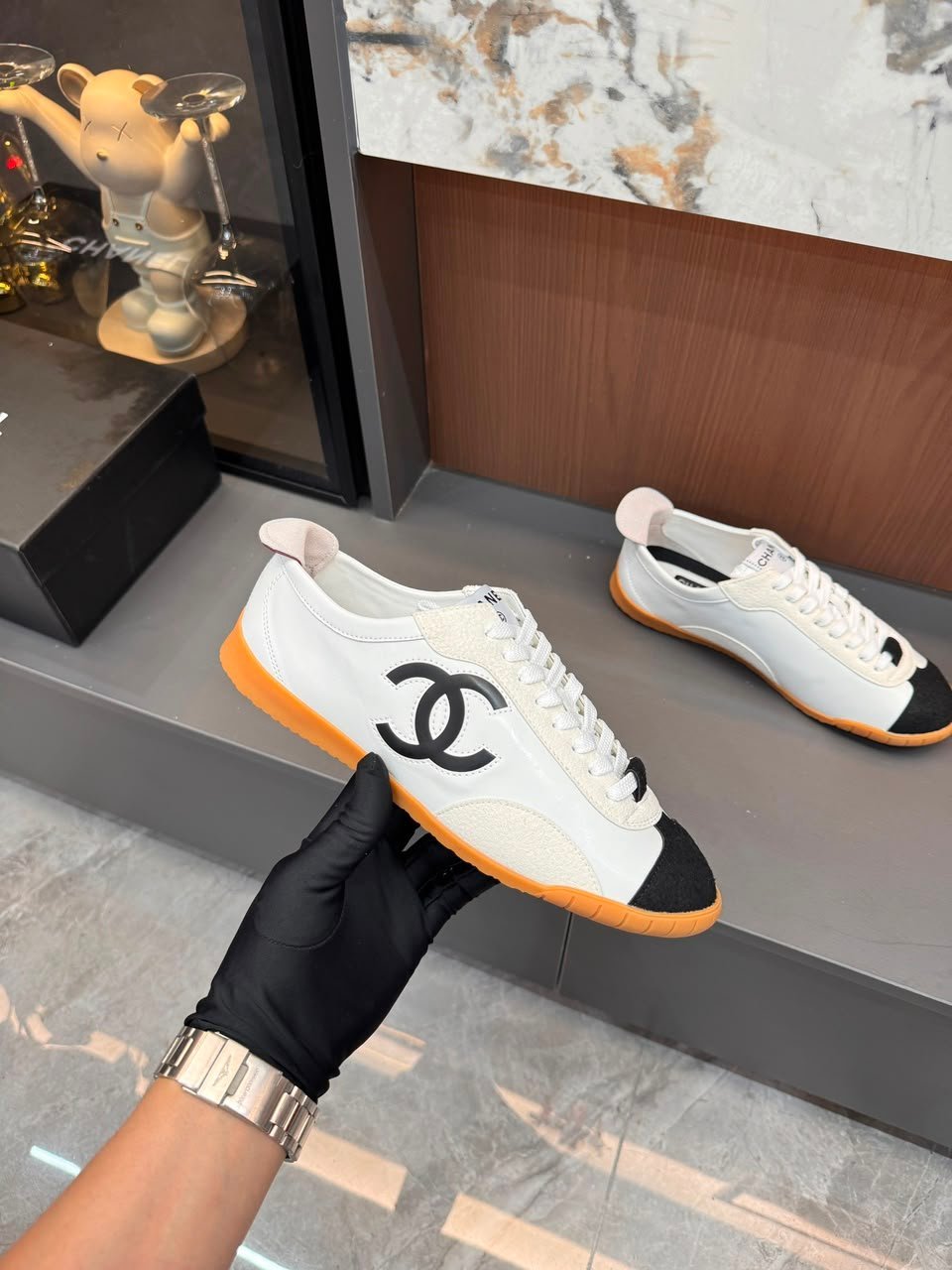 Chanel Calfskin Suede Sneakers with Gum Sole White Black &amp; Gum G39860 view 7