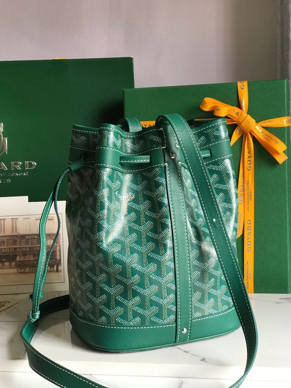 Goyard Petit Flot Bucket Bag 22 Cm Green Goyardine Canvas And Lambskin Trim view 3