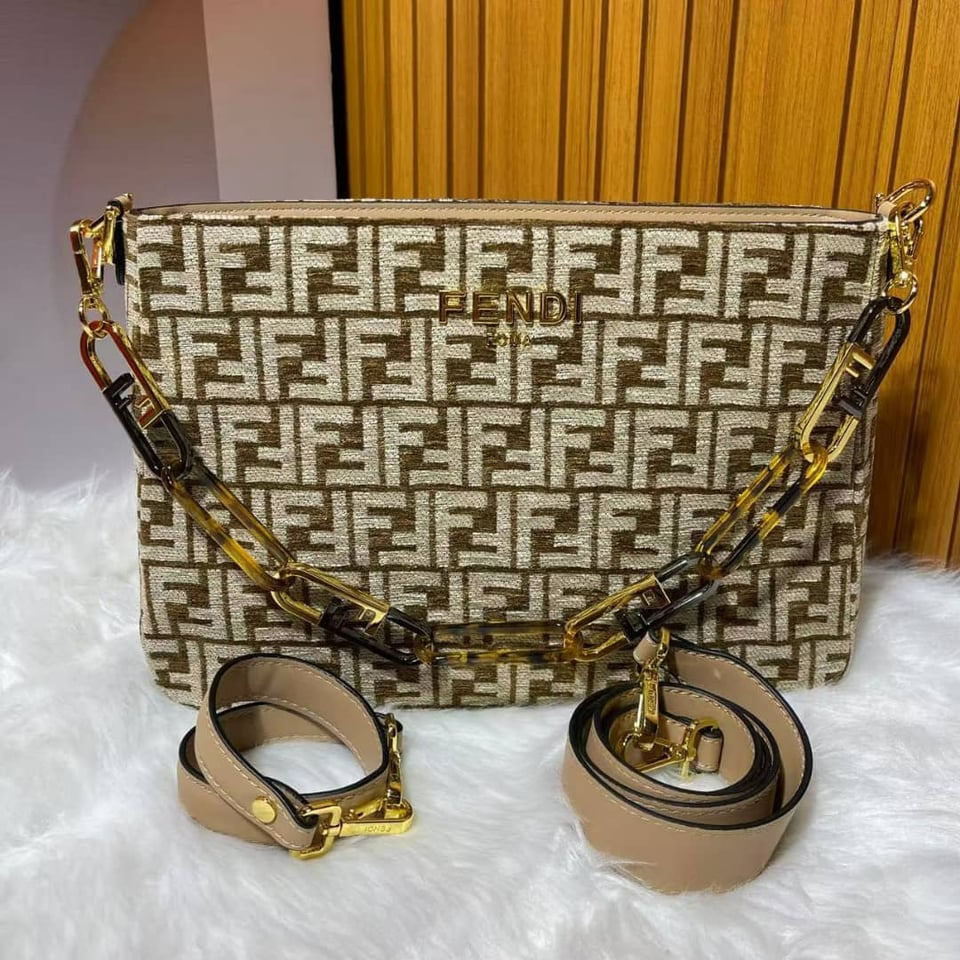 Fendi Olock Zip Dove Brown Tapestry Fabric Bag view 4