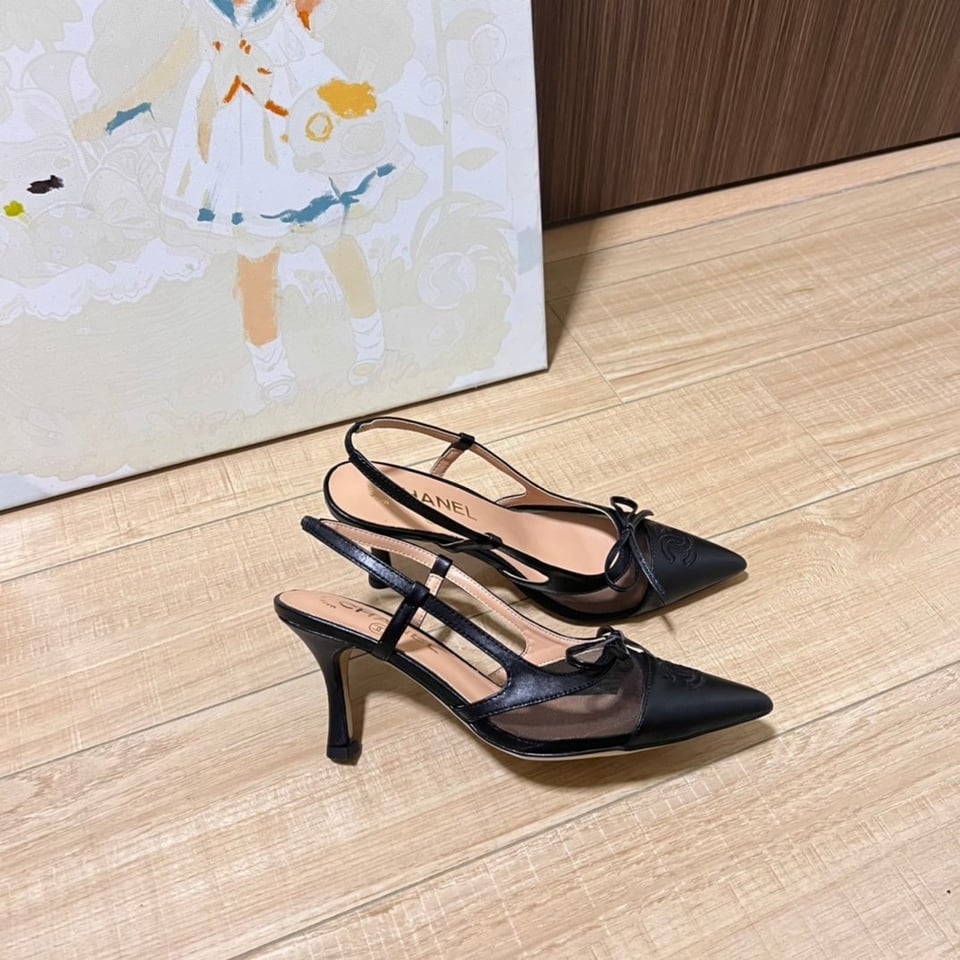 Chanel Cc Leather Pointy Toe Pumps Slingbacks Sandals Black view 9