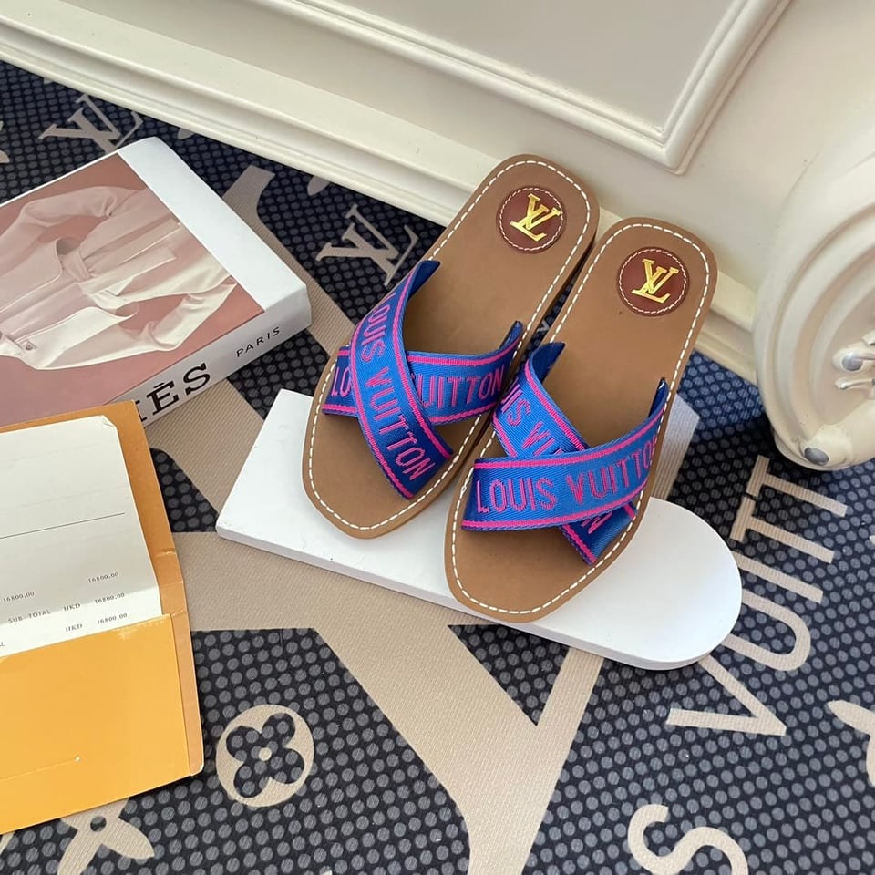 Louis Vuitton Cross Strap Flat Slides Blue view 3