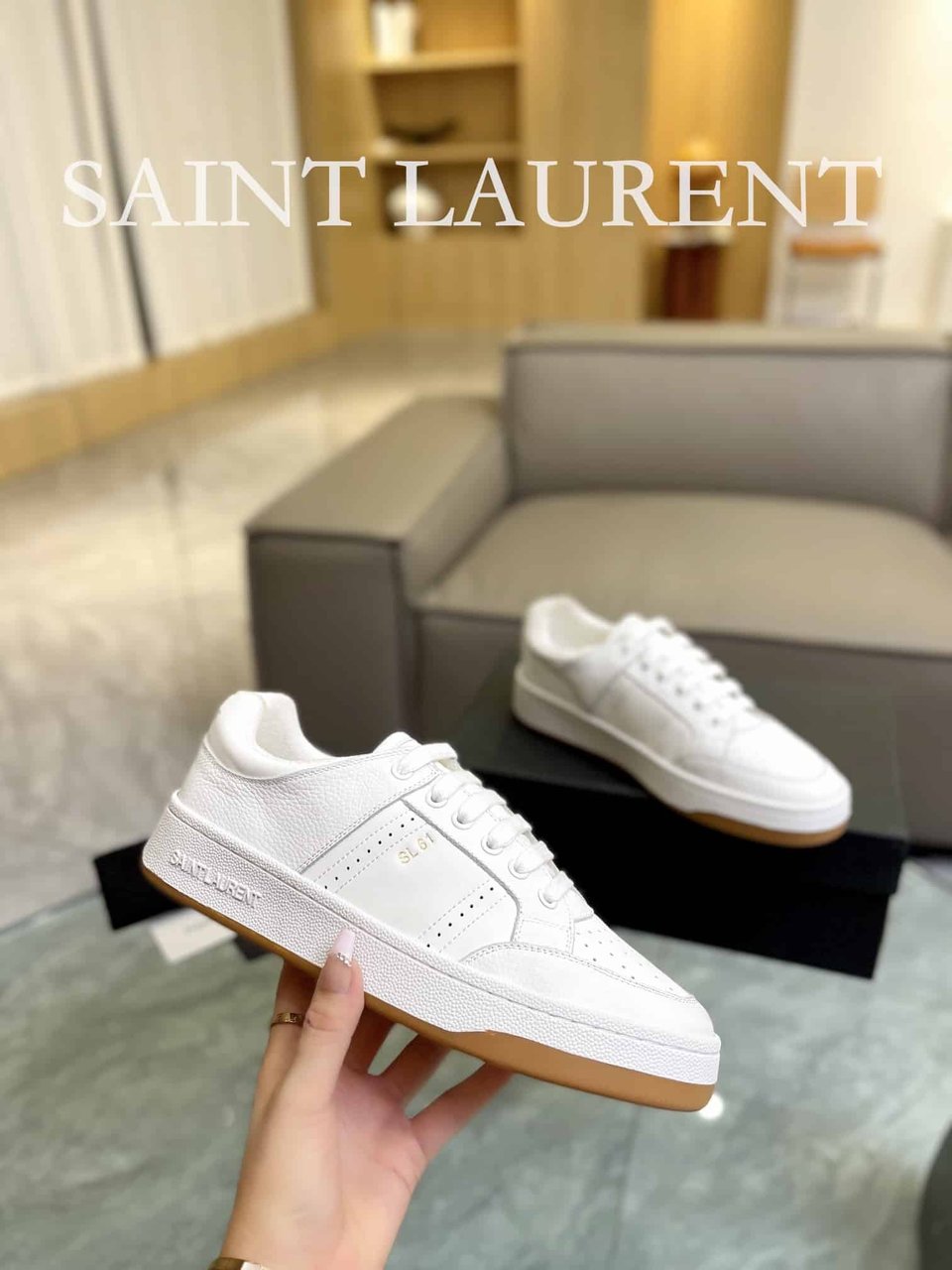 Saint Laurent Perforated Leather Sneakers White view 6