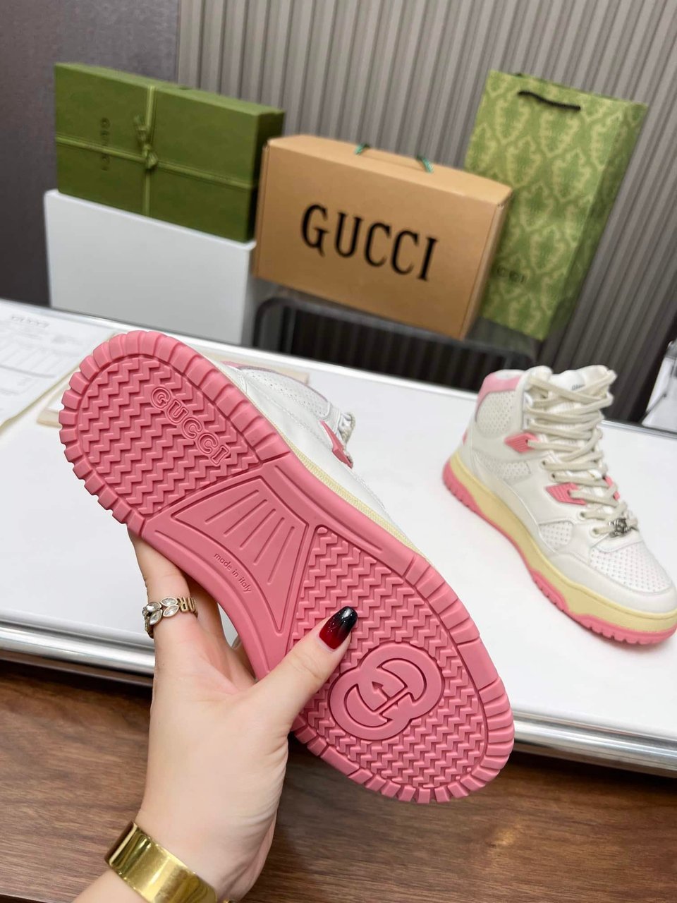 Gucci Women’S High Top Distressed Effect Sneaker Pink view 4
