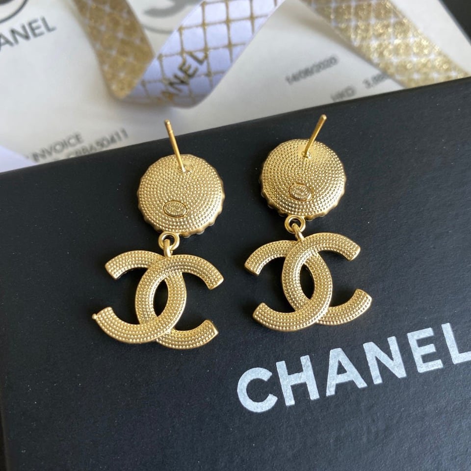 Chanel Crystal Pearl Cc Drop Earrings Gold view 6