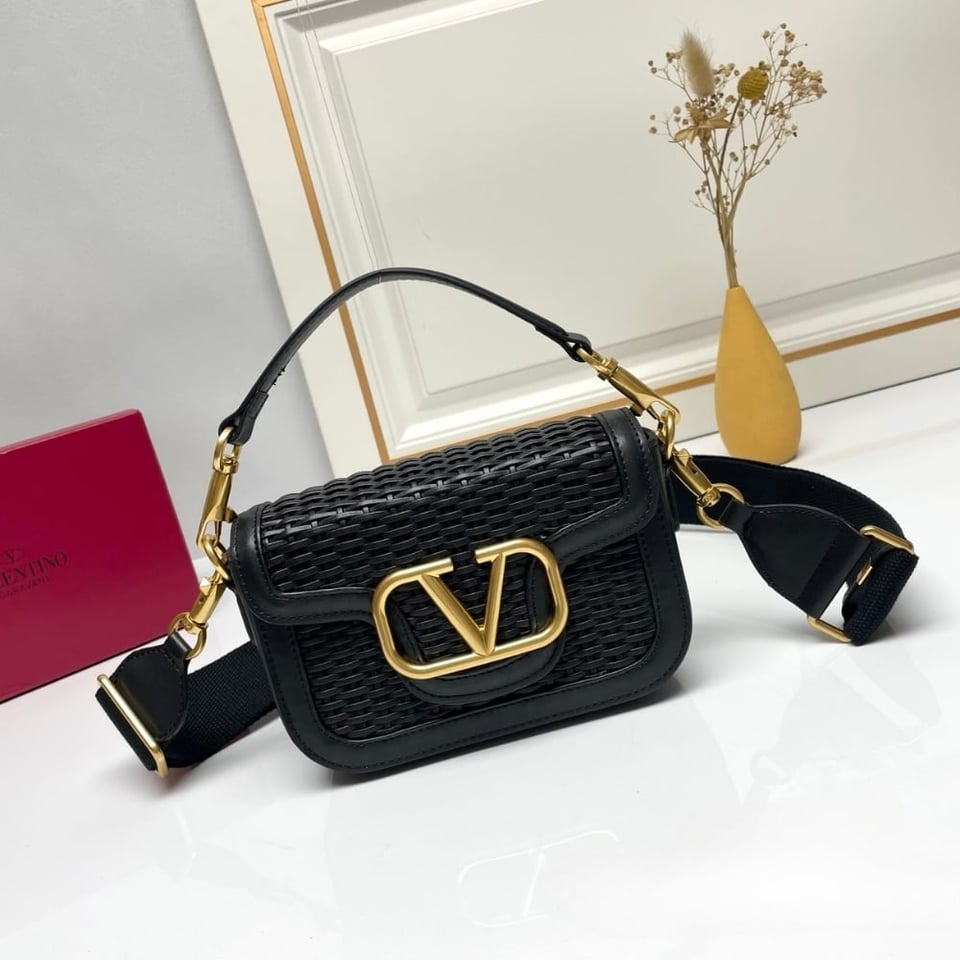 Valentino Garavani Alltime Woven Leather Shoulder Bag Black 22Cm view 3
