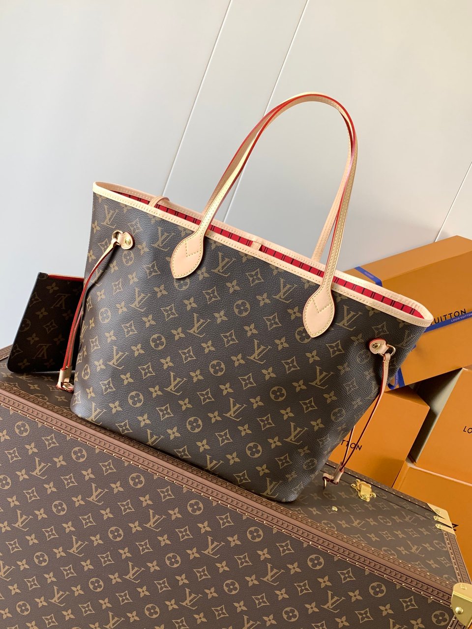 Louis Vuitton Neverfull MM Monogram Canvas Tote Bag Cerise Red 31cm M46987 view 7